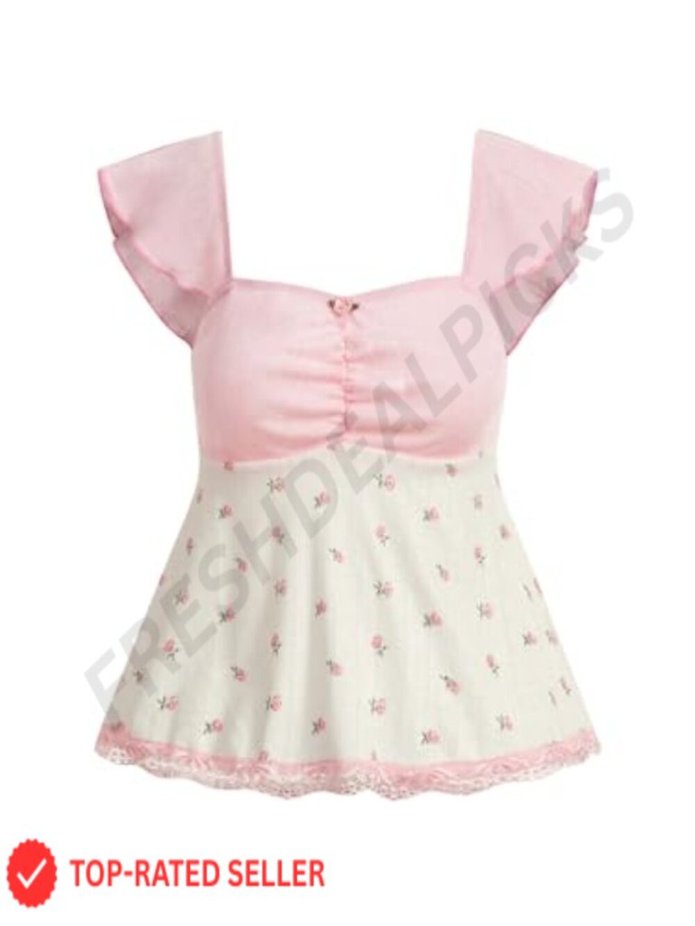 Women's Floral Lace Trim Peplum Top Ruffle Cap Sleeve Summer Blouse